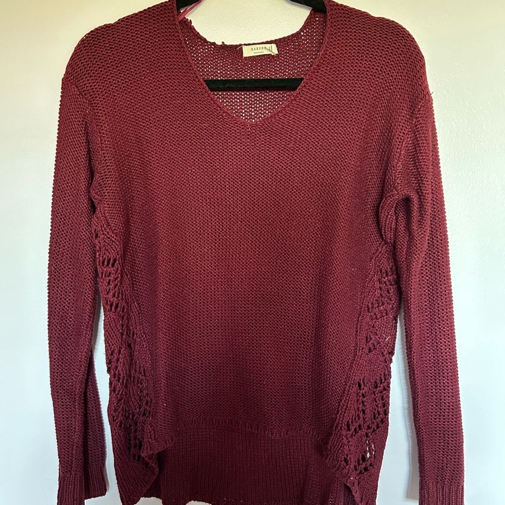 Burgundy sweater with crochet detailing